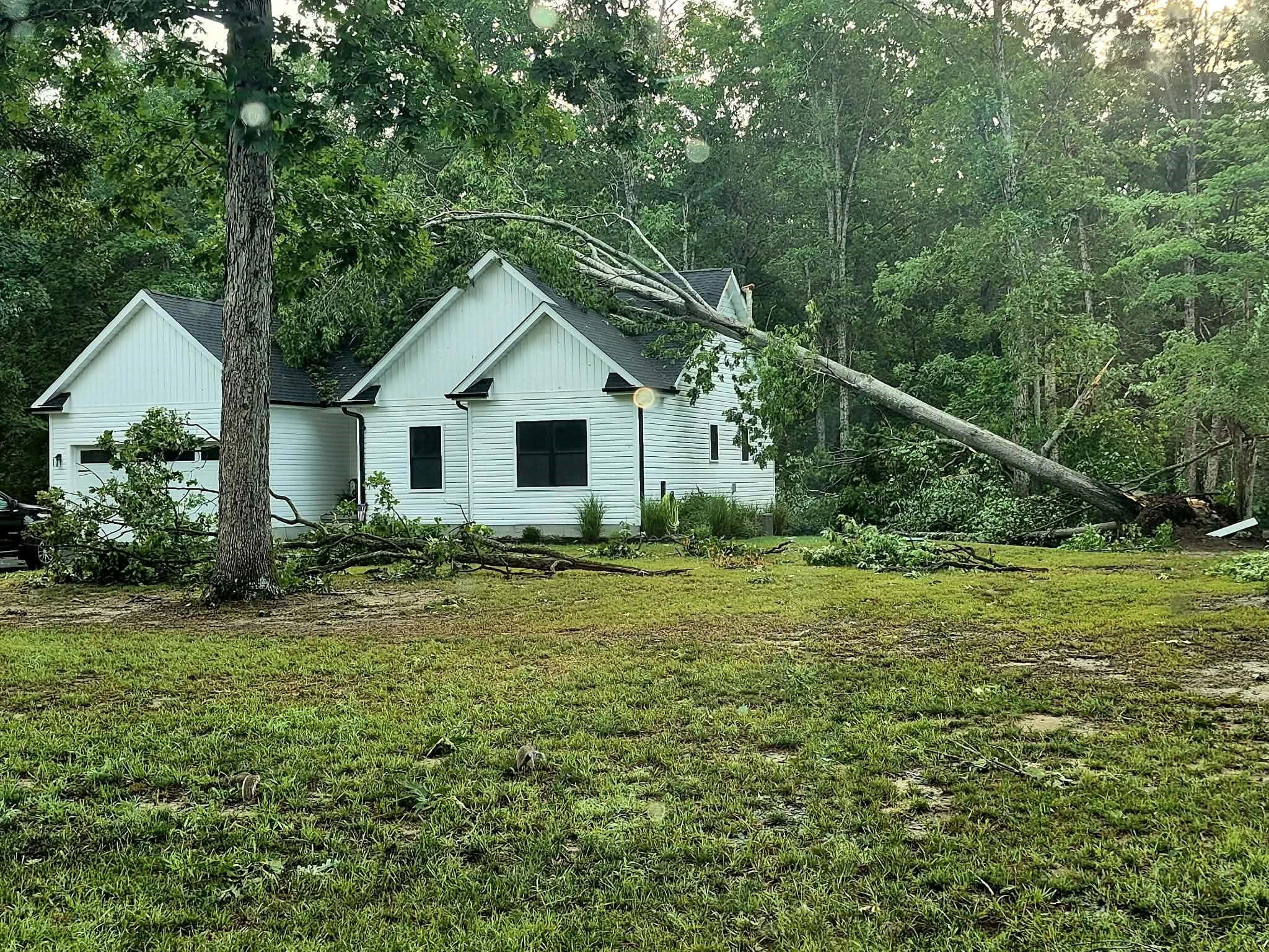 Crew clearing a fallen storm tree from a driveway in The Woodlands