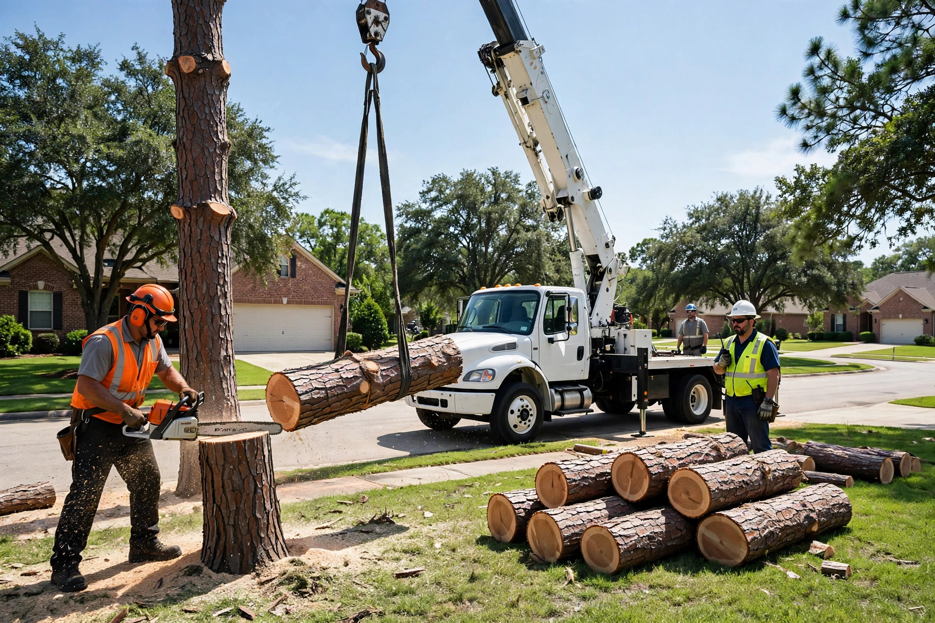 Tree crew removing a tall pine tree in The Woodlands Texas