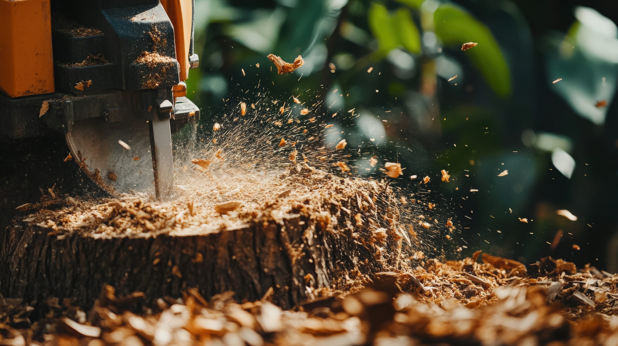 Stump grinder chewing a tree stump into wood chips